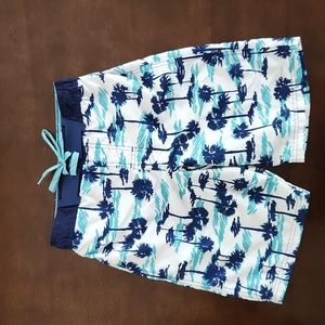 Cat & Jack Board Shorts, Boys L 12/14, White and Teal with Navy Blue Palm Trees